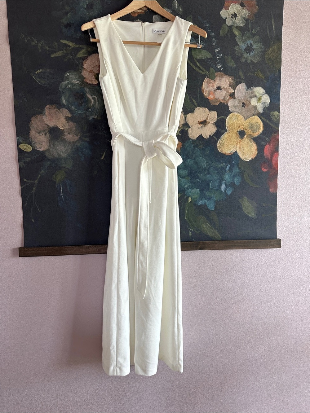 Calvin Klein Ivory V-Neck Sleeveless Maxi Jumper with Tie Waist